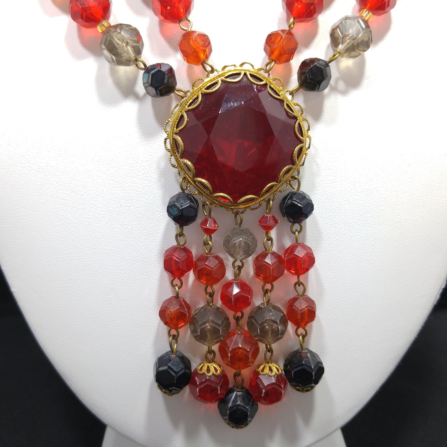 Western Germany Red Glass Pendant Necklace, Lucite Beads, 1950s Vintage Jewelry