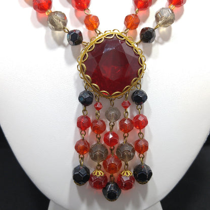 Western Germany Red Glass Pendant Necklace, Lucite Beads, 1950s Vintage Jewelry