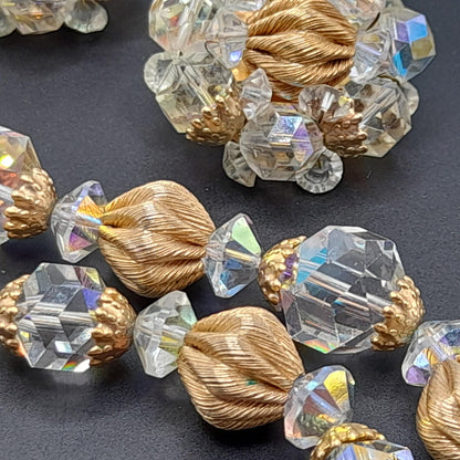 Vintage Crystal Necklace Earrings Set, 1960s, Gold Plated Beads, AB Crystal Beads, 28"
