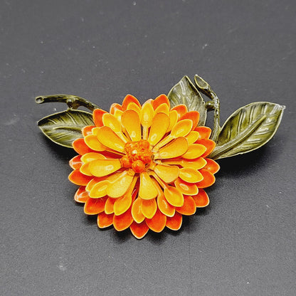 Vintage 1960s Orange Green Enamel Flower Brooch