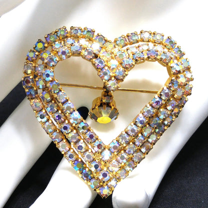 Aurora Borealis Heart Brooch, AB Rhinestone Dangle, 1960s Vintage Jewelry