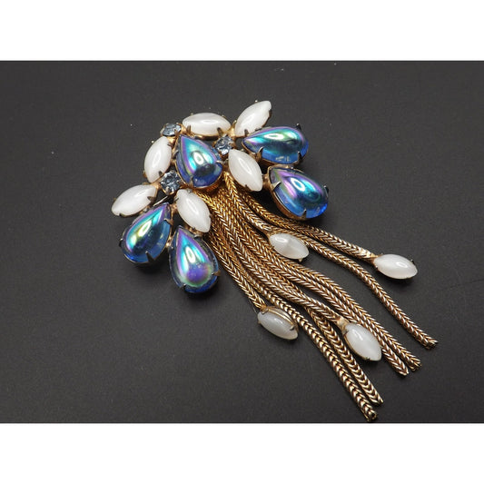 Iridescent Blue Gold Plated Fringe Brooch, White Art Glass Stones, 1960s Vintage Jewelry