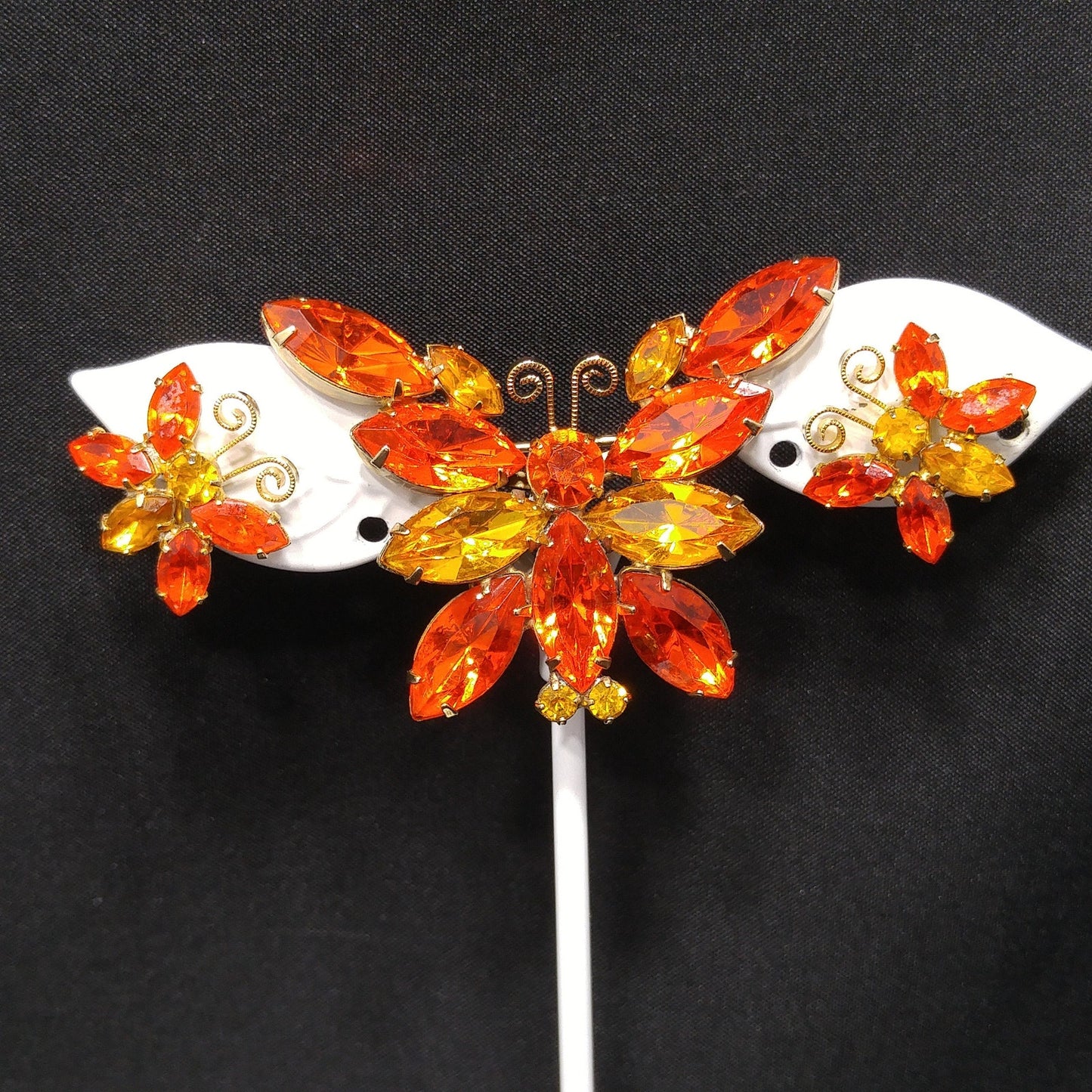 Orange & Topaz Rhinestone Butterfly Brooch Earrings Set, Gold Plating, 1960s