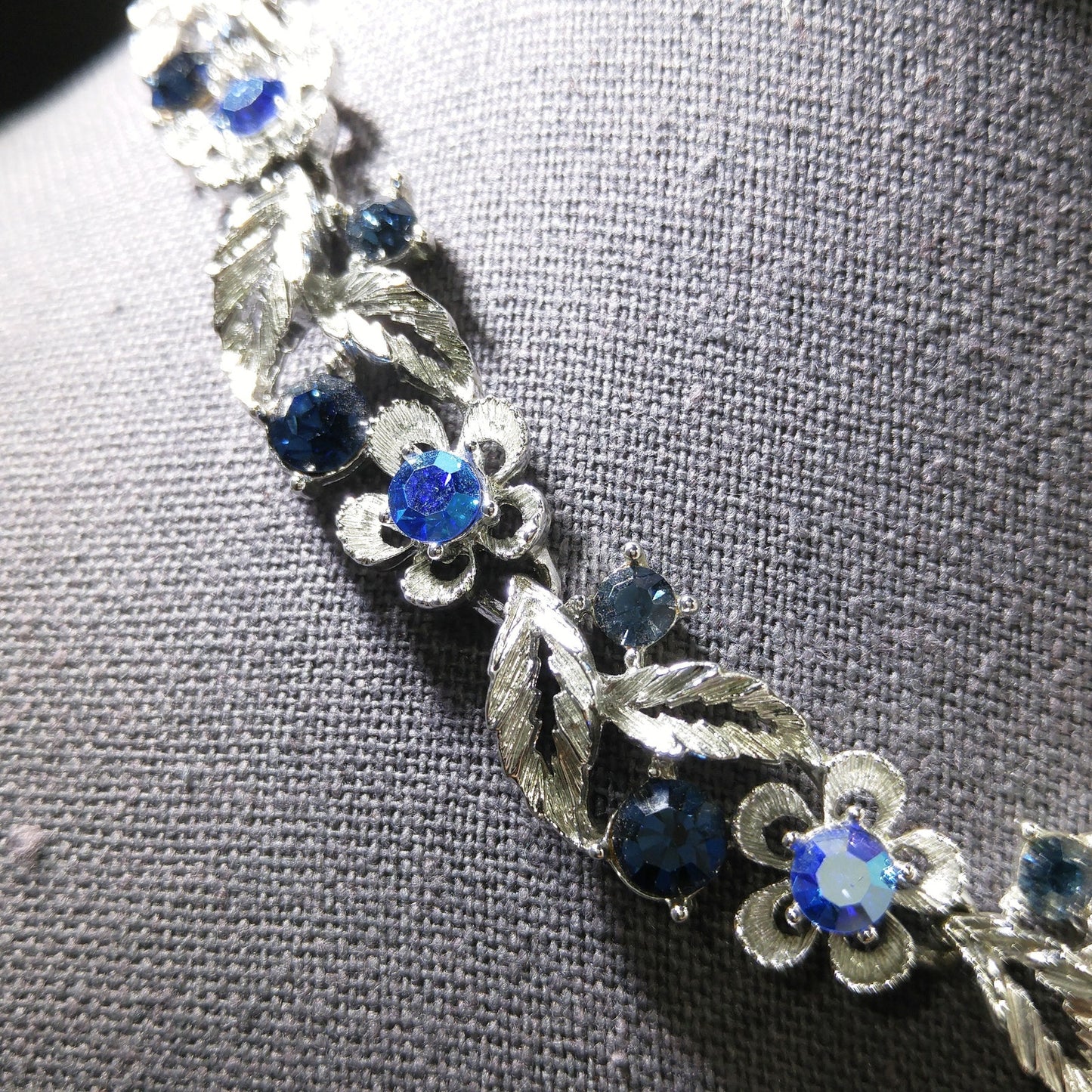 Lisner Blue Necklace & Bracelet Set, Rhodium Plated, Aurora Borealis, 1960s Vintage Jewelry