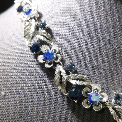 Lisner Blue Necklace & Bracelet Set, Rhodium Plated, Aurora Borealis, 1960s Vintage Jewelry