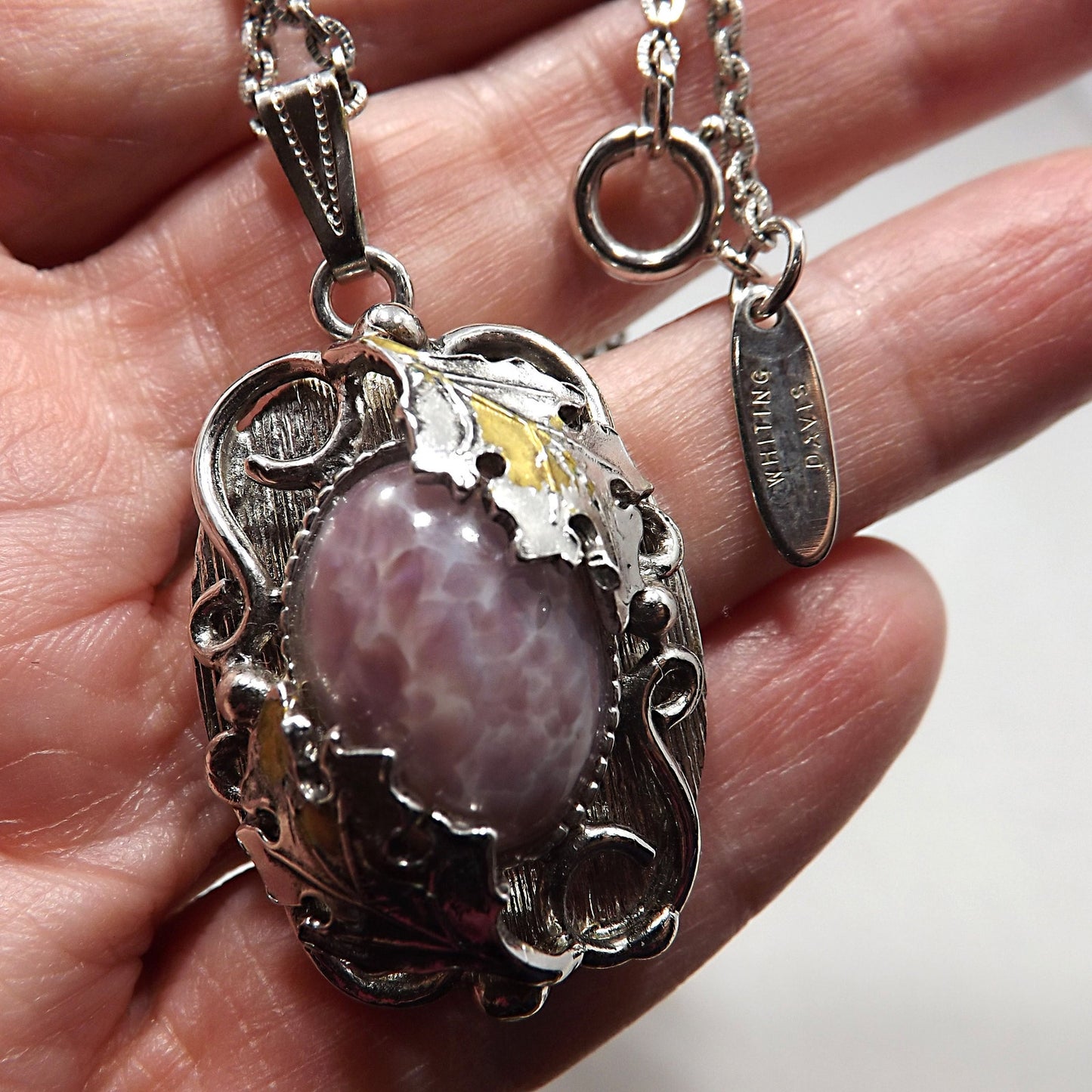 Vintage Whiting & Davis Pendant Necklace Easter Egg Glass Cabochon Silver Tone Floral Frame Vintage Jewelry