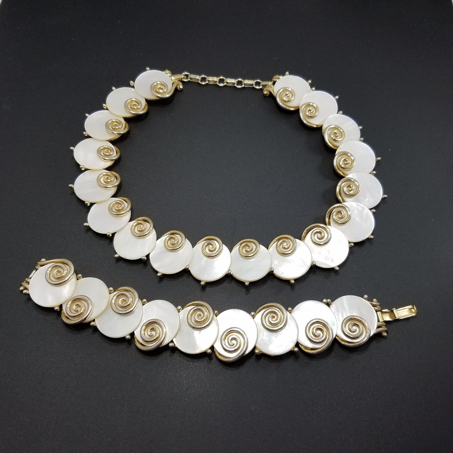 Boucher MOP Disk Necklace & Bracelet, Mother of Pearl, 1950s Vintage Jewelry