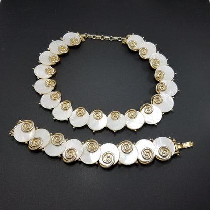 Boucher MOP Disk Necklace & Bracelet, Mother of Pearl, 1950s Vintage Jewelry