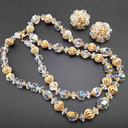 Vintage Crystal Necklace Earrings Set, 1960s, Gold Plated Beads, AB Crystal Beads, 28"