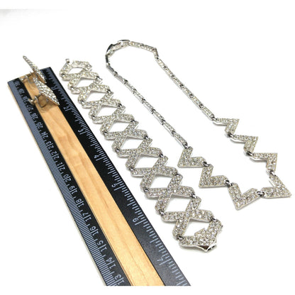 Bogoff Rhinestone Jewelry Set, Rhodium Plated Necklace Bracelet Screw Back Earrings, 1950s