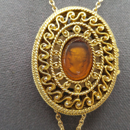Glass Cameo Perfume Locket Necklace, 30" Chain, 1960s Vintage Jewelry