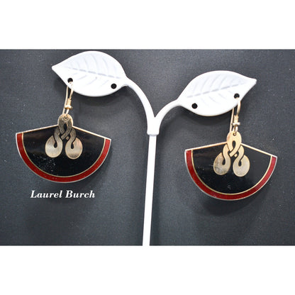 Laurel Burch Large Fan Love Knot Earrings, Cloisonne Gold Plated, Enamel Red Black, 1980s Vintage Jewelry