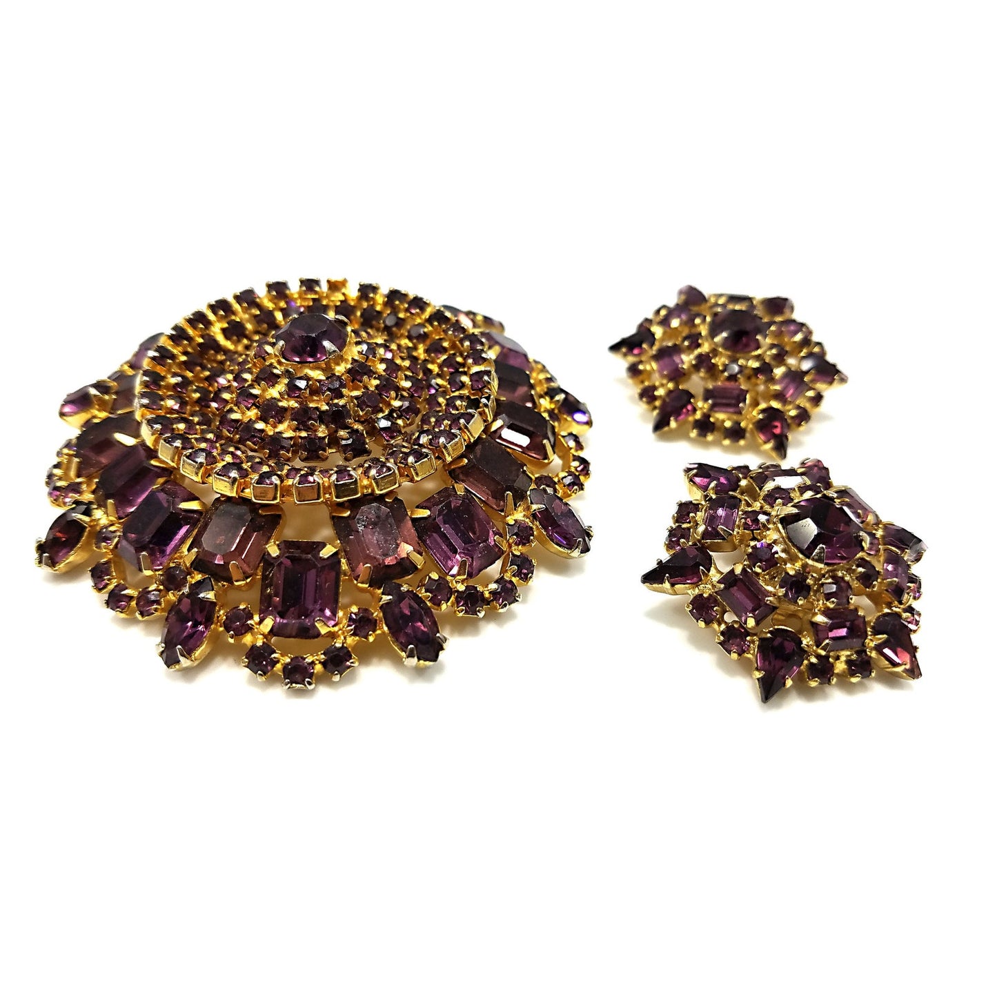 Large Purple Rhinestone Brooch & Clip Earrings, Gold Plated, 1960s Vintage