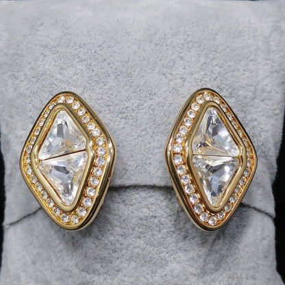Vintage Swarovski Swan Logo Clear Crystal Clip Earrings Gold Plated 1990s