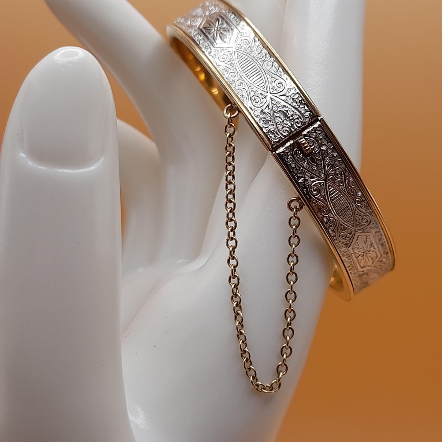 Krementz Hinged Bangle Bracelet, Rolled Gold Overlay, Two Toned, Safety Chain, 1950s Vintage Jewelry