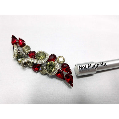 Vintage Red Rhinestone Brooch, Rhodium Plated, Ribbon Design, 1960s Vintage Jewelry
