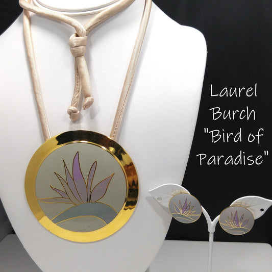 Laurel Burch "Bird of Paradise" Necklace & Earrings Set, Gold Plate Cloisonné Pastel Enamel, 1980s Vintage Jewelry