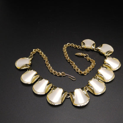 Mid-Century White Moonglow Choker Necklace, Gold Tone, 1950s Vintage Jewelry
