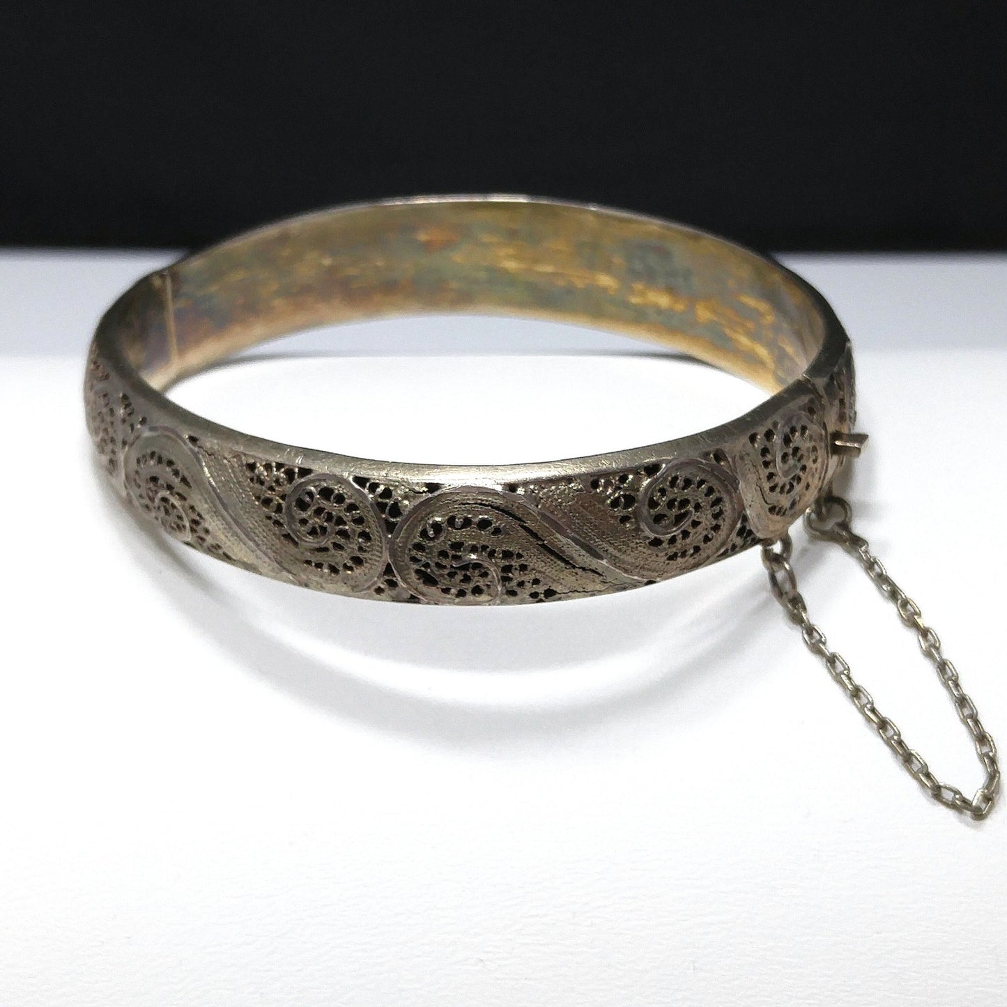 Art Nouveau Silver Filigree Hinged Bracelet, Gold Washed, 1920s Vintage Jewelry