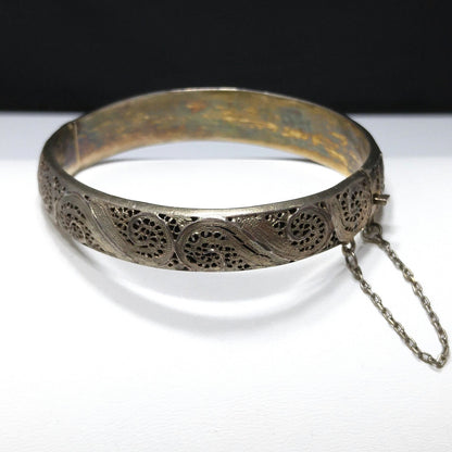 Art Nouveau Silver Filigree Hinged Bracelet, Gold Washed, 1920s Vintage Jewelry