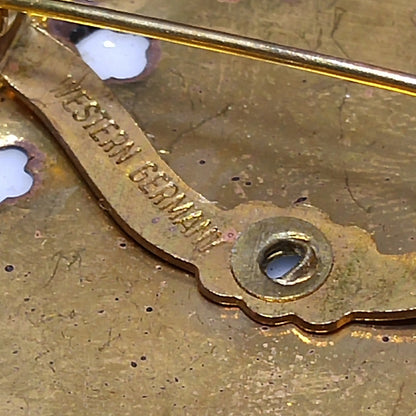 Vintage 1950s Western Germany Porcelain Cameo Brooch Earrings Set Gold Tone