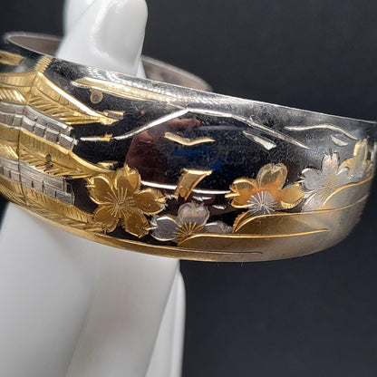 Vintage Japanese Sterling Cuff Bracelet, Mt. Fuji Pagoda Japanese Scene Panorama, 1960s Jewelry