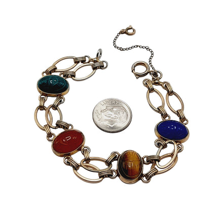 Vintage Scarab Four Gemstone Gold Tone Two Strand Bracelet, Egyptian Beetle Bug