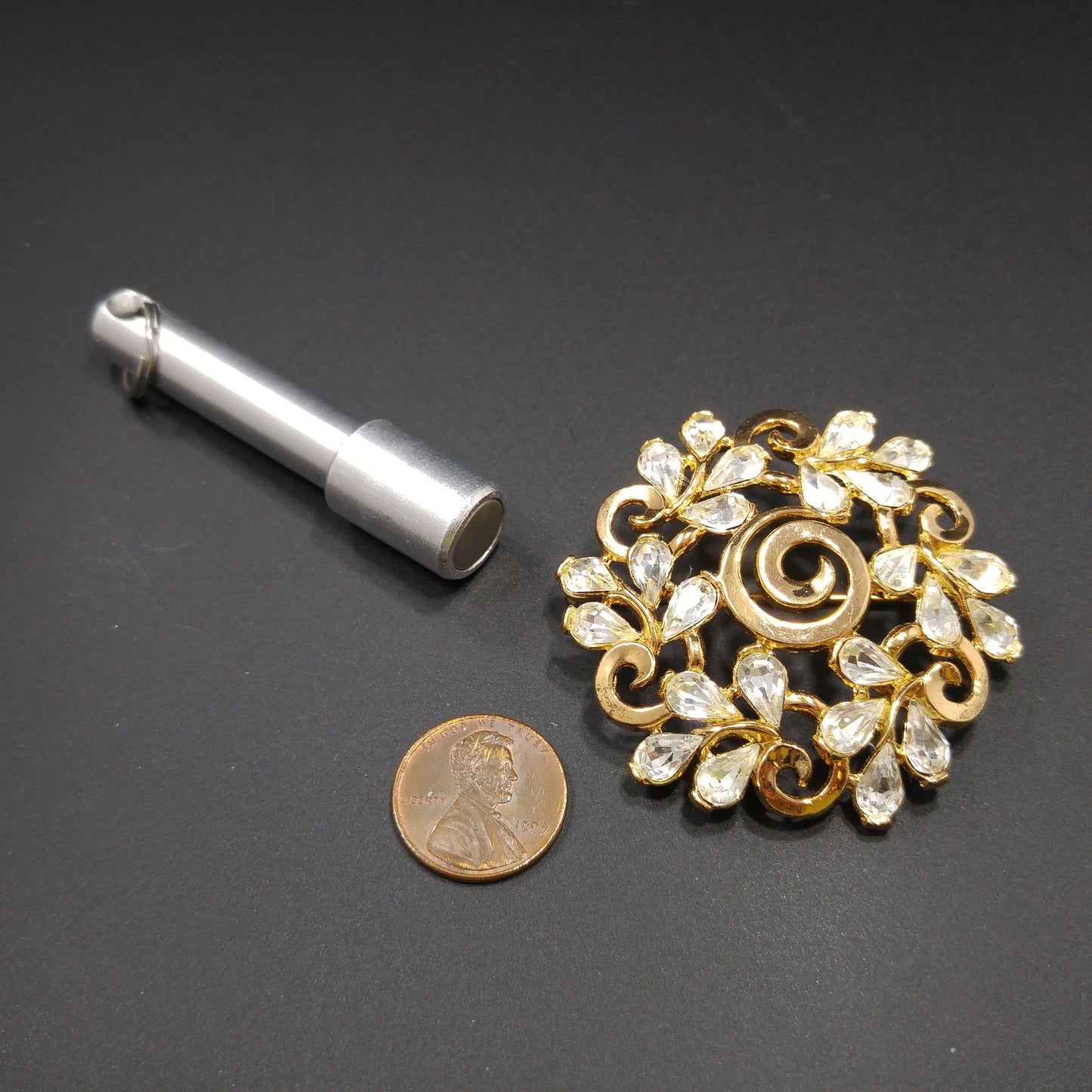 Crown Trifari Floral Brooch, Gold Plated, Clear Rhinestones, 1960s Vintage