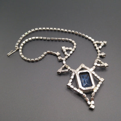 Mid-Century Blue Glass Pendant Necklace, Dark Light Blue Rhinestones, 1950s Vintage Jewelry
