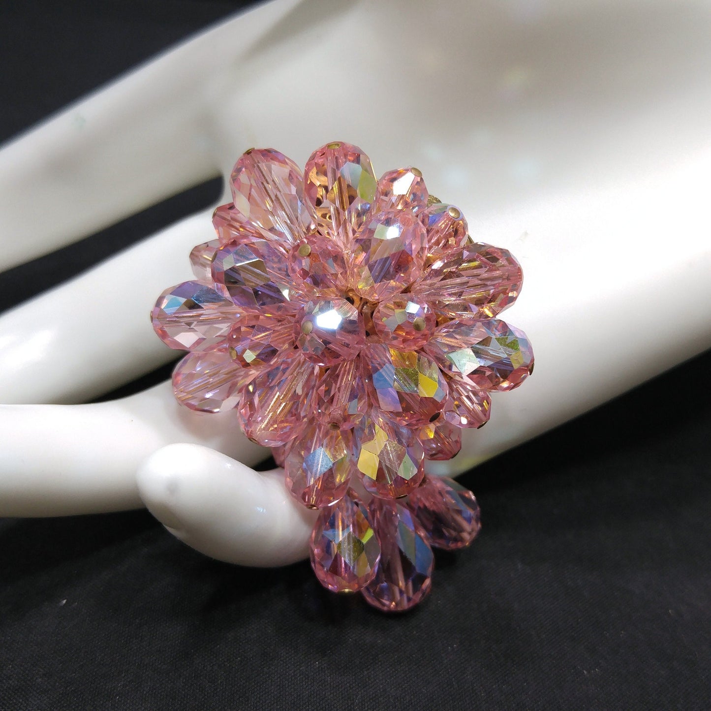 Pink Aurora Borealis Beaded Brooch, Three Bead Dangles, 1960s Vintage Jewelry