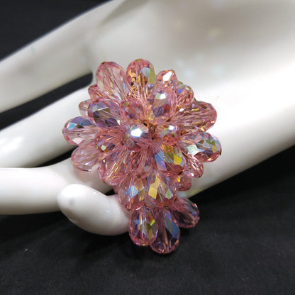 Pink Aurora Borealis Beaded Brooch, Three Bead Dangles, 1960s Vintage Jewelry