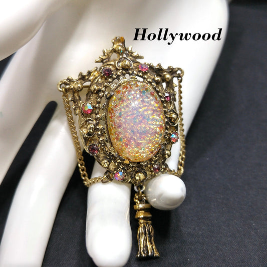 Vintage 1950s Hollywood Faux Opal Glitter Glass Brooch Tassel
