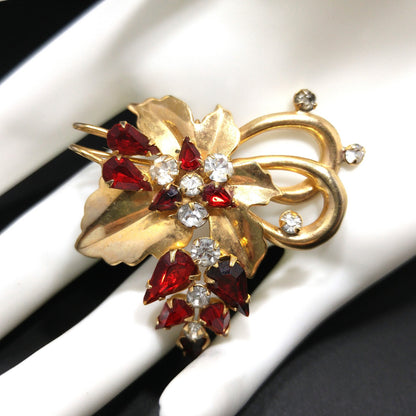 Vintage Scitarelli Red Rhinestone Floral Brooch Pendant 1950s Gold Plated Signed