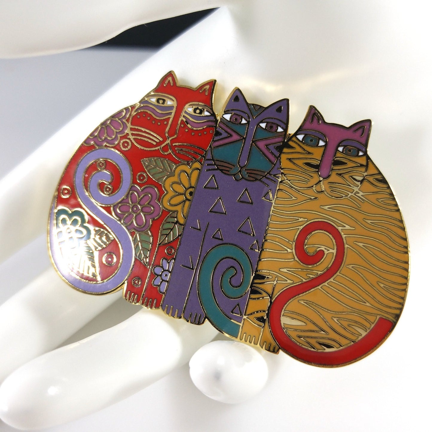 Laurel Burch "Mysticats" Large Cat Brooch, Gold Plated Cloisonne, 1980s