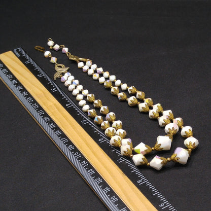 White Crystal Fire Polished Two Strand Necklace, Golden Brass End Caps, 1950s Vintage Jewelry