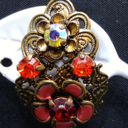 Germany Red Orange Filigree Clip Earrings, Enamel Flowers, 1940s Vintage Jewelry