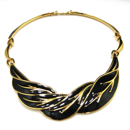 Monet Black Enamel Leaves Choker Necklace, Gold Plated, 1980s Vintage Jewelry