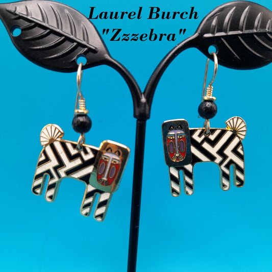 Laurel Burch "Zzzebra" Drop Earrings, Cloisonne Enamel, Gold Plated, 1980s