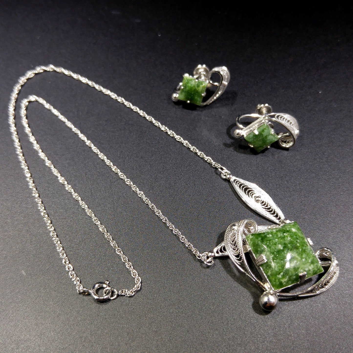 Sorrento Sterling Green Gemstone Necklace Screw Back Earrings Set,