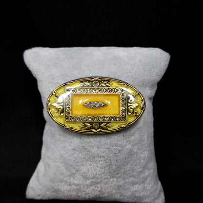 Catherine Popesco Oval Brooch, Cream & Gold Enamel, Rhinestones Under Enamel, France, 1980s Vintage Jewelry