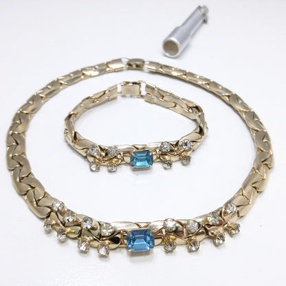 Vintage Gold Tone Chain Rhinestone Necklace & Bracelet Set, Sky Blue