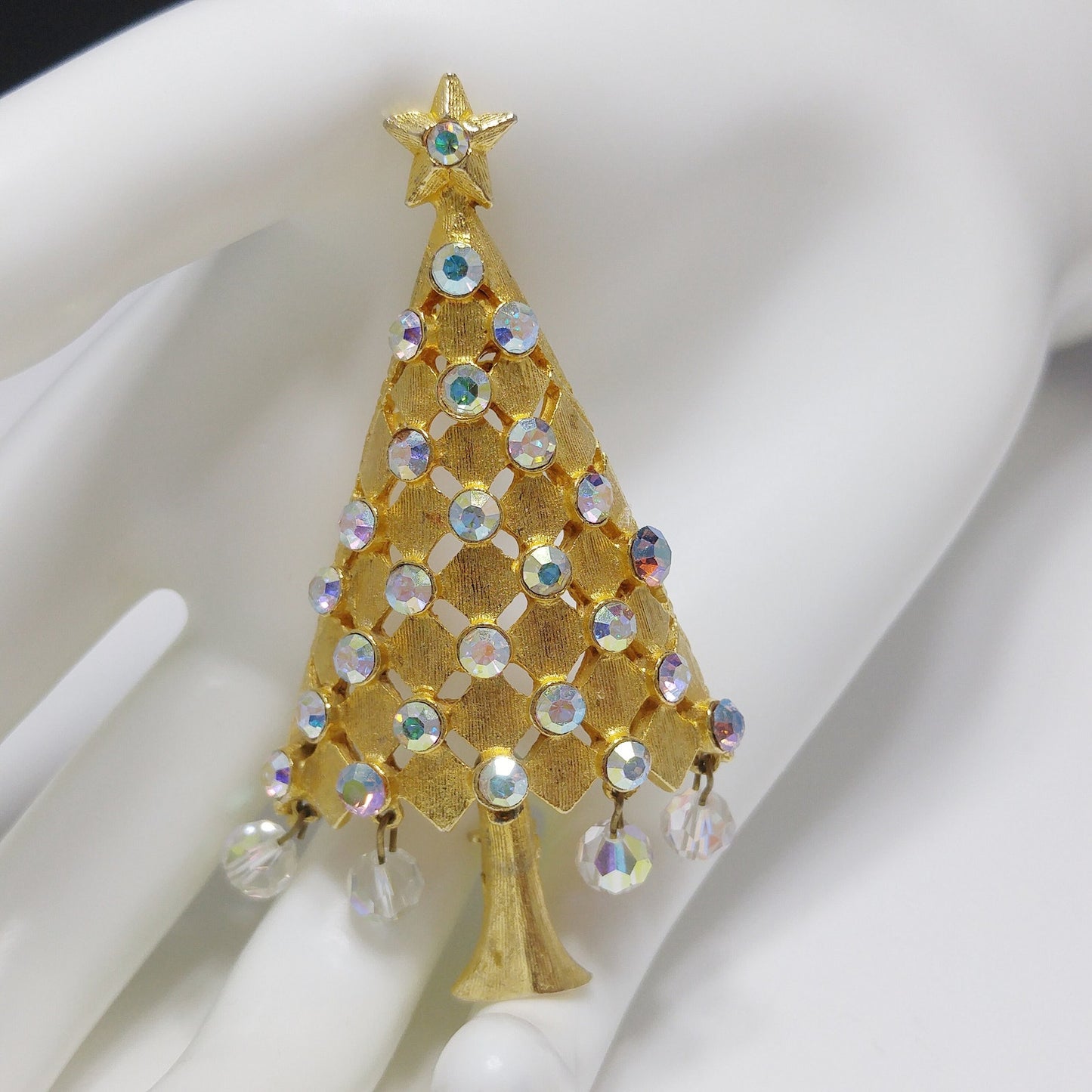 Vintage MYLU Christmas Tree Brooch – AB Rhinestones, Dangling Crystals, 1960s