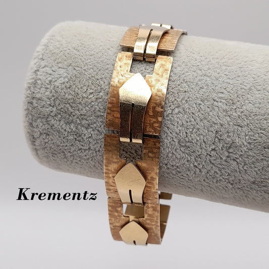 Vintage 1940s Krementz Bracelet, Two Tone Rose Yellow Gold Links, Retro Geometric Jewelry, Mid Century Gift, 7 3/4 Inch