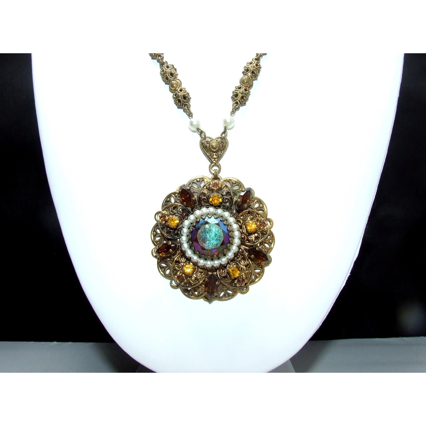 West Germany Carnival Glass Topaz Rhinestone Necklace, Faux Pearls, Filigree 1950s Vintage Jewelry