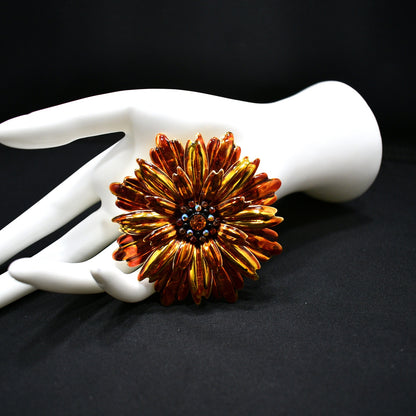 Joan Rivers Orange Gold Plated Floral Brooch, Rhinestone Center, 1990s