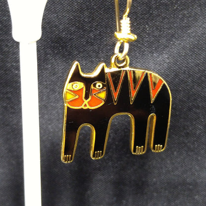Vintage Laurel Burch "Tiger" Drop Earrings, Gold Plated, Black Red Enamel, 2005