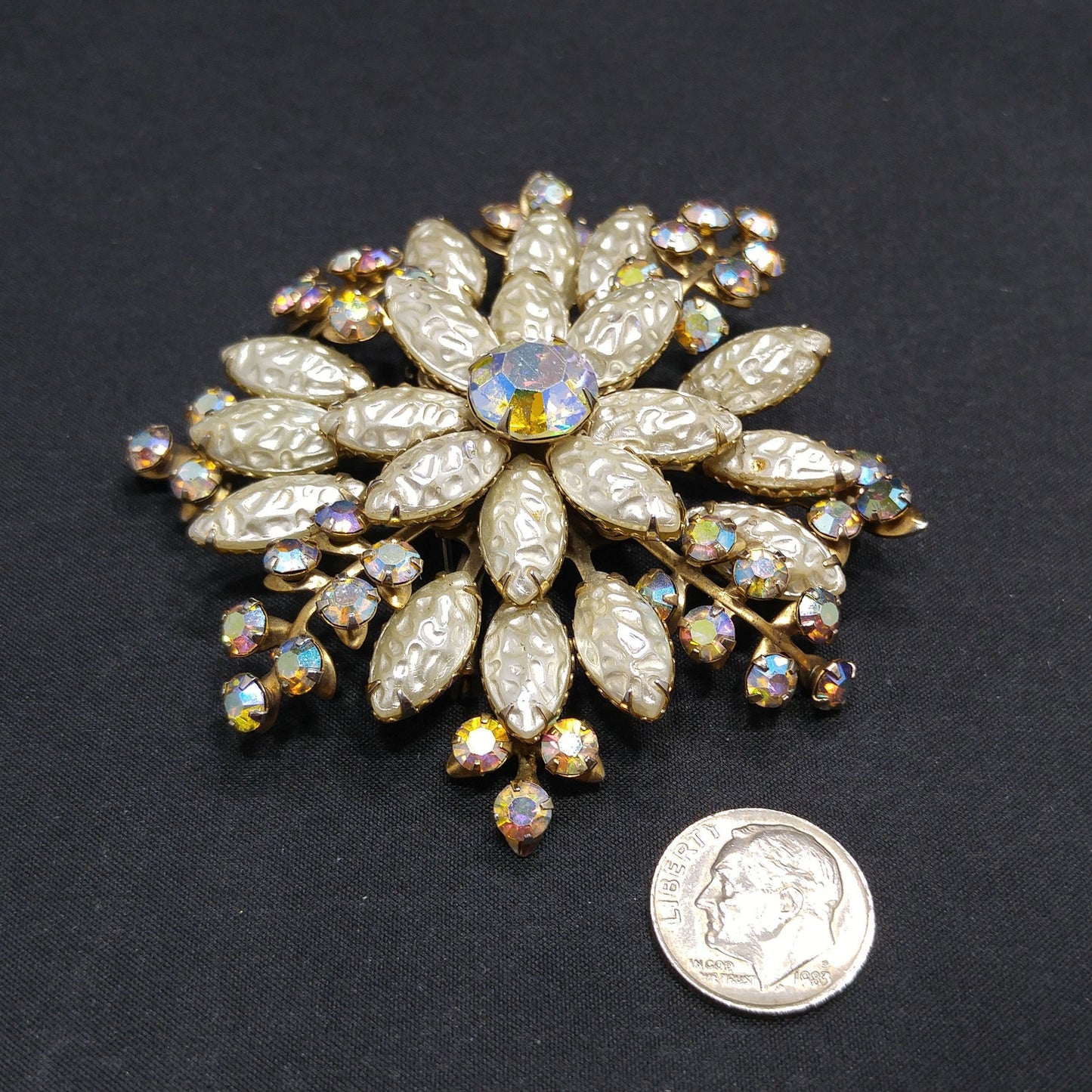 Large Flower Pearled Lava Glass Brooch, Aurora Borealis Rhinestones, 1950s Vintage Jewelry
