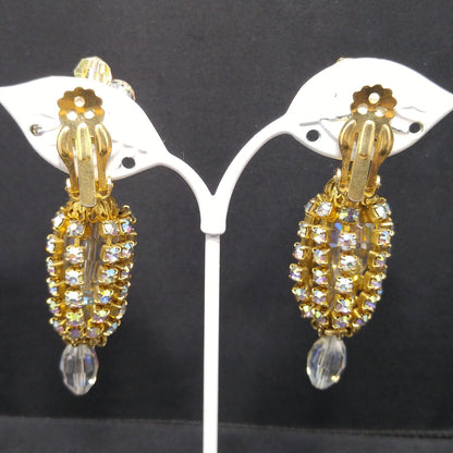 Crystal Rhinestone Dangle Clip Earrings, Aurora Borealis, 1960s Vintage Jewelry