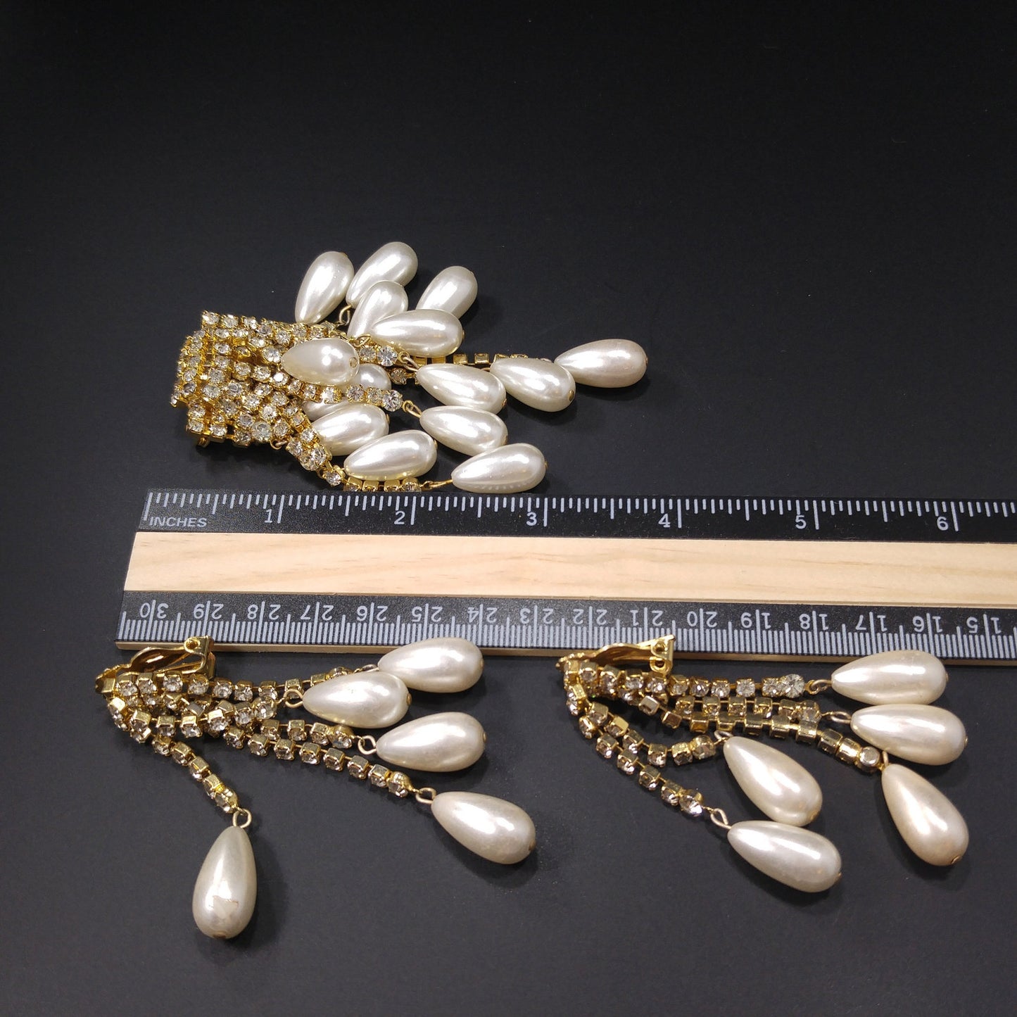 Vintage Rhinestone Gold Plated Brooch & Earrings, Faux Pearls, 1970s