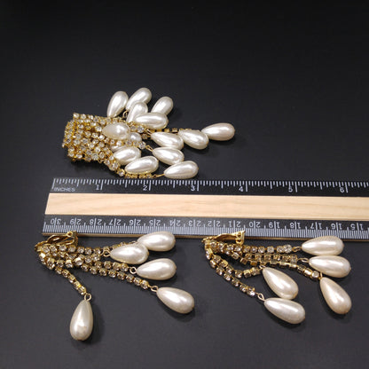 Vintage Rhinestone Gold Plated Brooch & Earrings, Faux Pearls, 1970s